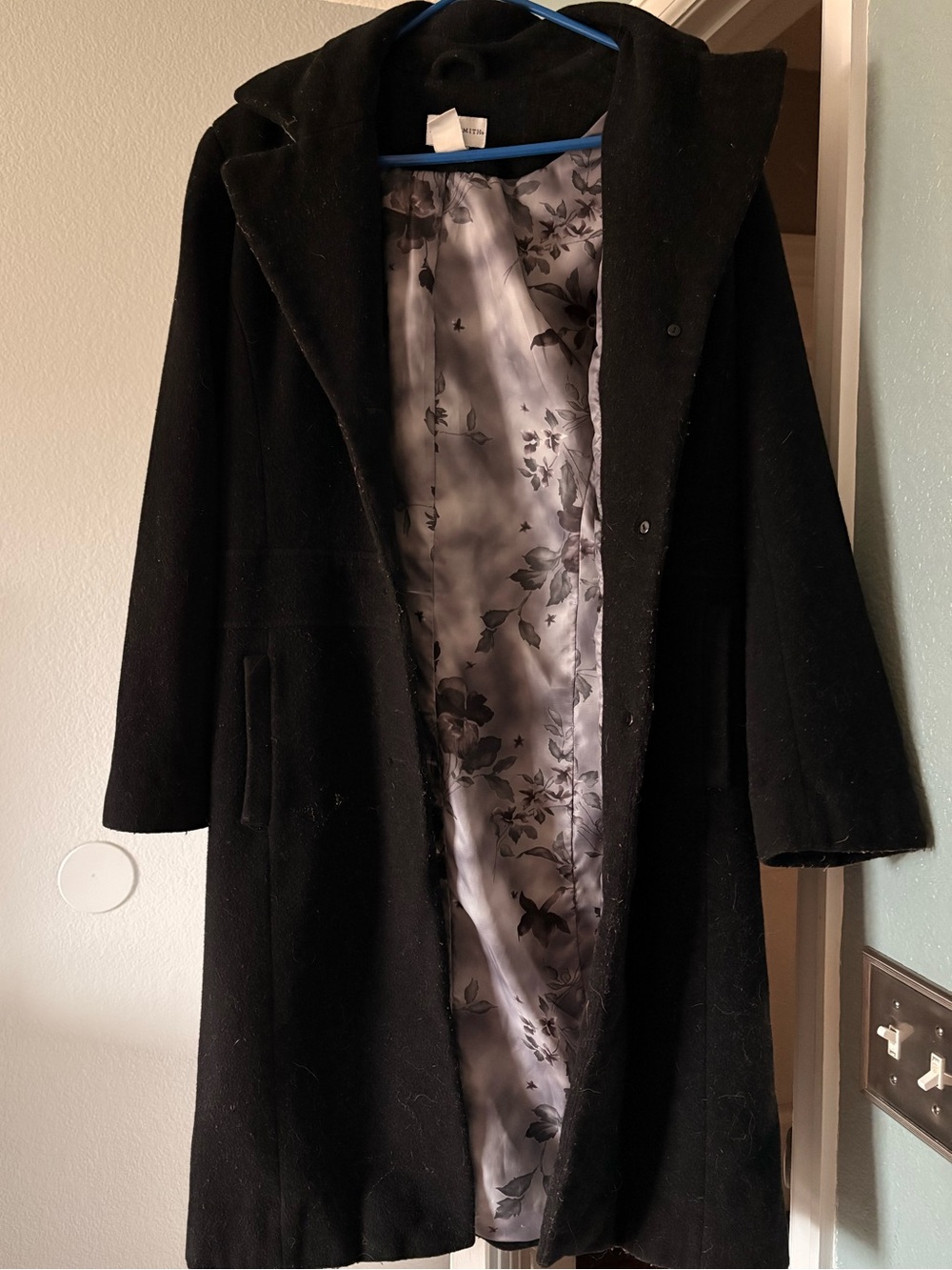 Jaclyn Smith Black Hooded Pea Coat with Floral Lining